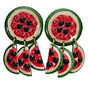 Watermelon Lucite Resin Red Green Charm Dangle Clip On Earrings L388